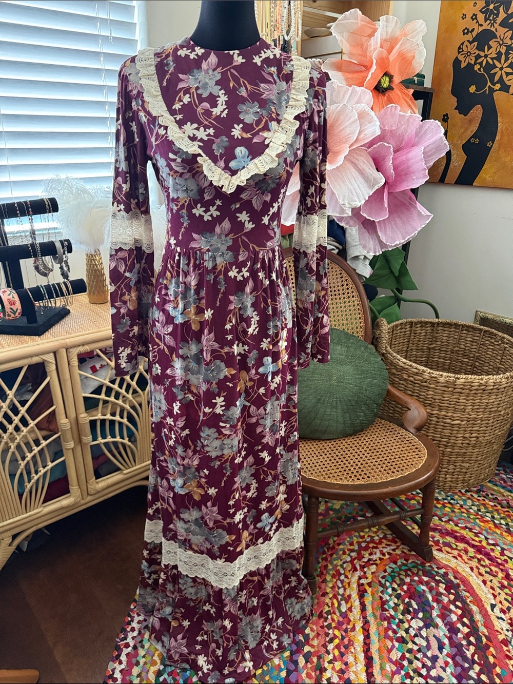 Vintage 70s California Pastime Floral Prairie Lace Boho Cottagecore Maxi Dress
